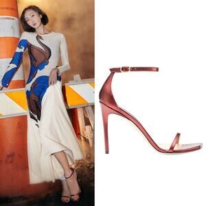 Stuart Weitzman Nudistcurve 100 Strap Sandals Liquid Metallic Red Size 8